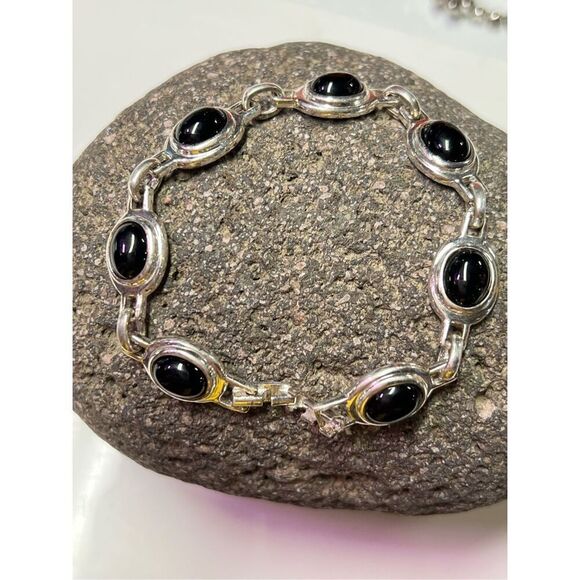 Vtg Black Onyx 925 Sterling Silver Cabochon Link Bracelet Fold Over Clasp Marked - Picture 1 of 10